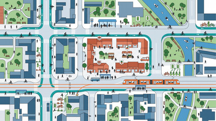Obraz premium Sustainable Urban Mobility Plan with Cycling, Walking, Public Transit, Local Shopping and Electric Transport