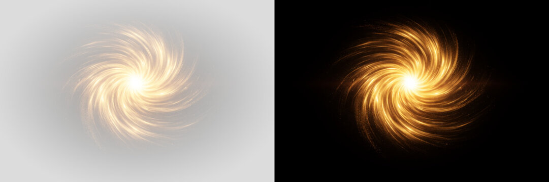 Golden spiral lightbursts with radiant curved trails on transparent background