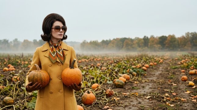 1960s Vintage High Fashion Woman in Ochre Coat Holding Pumpkins in an Autumn Field; Cinematic Retro Lifestyle Banner with Large Copy Space for Seasonal Advertising Campaign