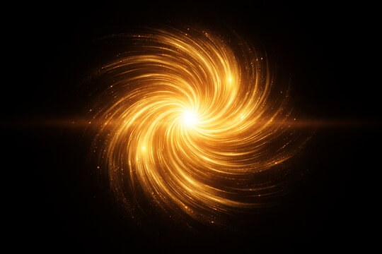 Golden spiral lightburst with radiant curved trails and sparkling particles
