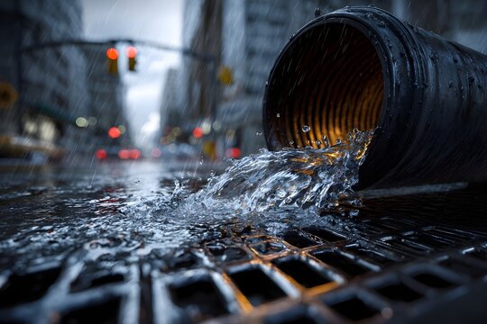 Storm drain spilling rushing water from overturned pipe on rainy road