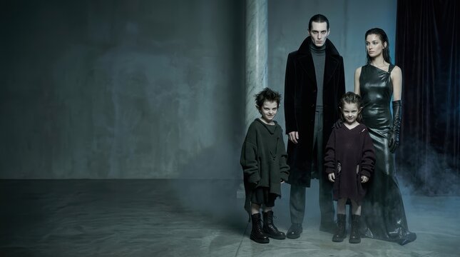1990s Gothic Fashion Editorial Featuring a Stylized Monster Family in Luxury Attire, Minimalist Moody Studio with Copy Space for Commercial Banner