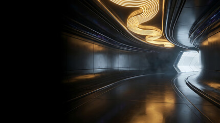 Fototapeta premium A long futuristic metallic tunnel featuring glowing golden lighting along the ceiling spine -Luxury Black and Gold Abstract Business Background, Premium 3D Design