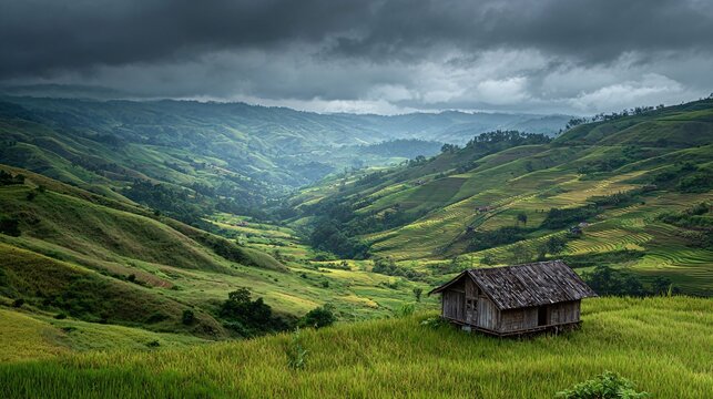 A wooden hut standing in a terraced rice field overlooking a lush green mountain valley