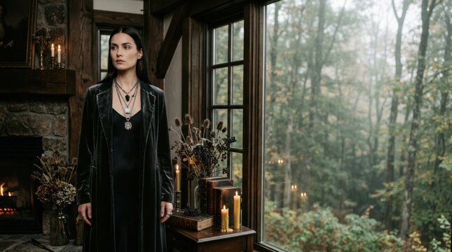 Gothic 1990s High Fashion Editorial with Velvet Duster Coat in Rustic Cottage Overlooking Autumn Forest and Ample Copyspace