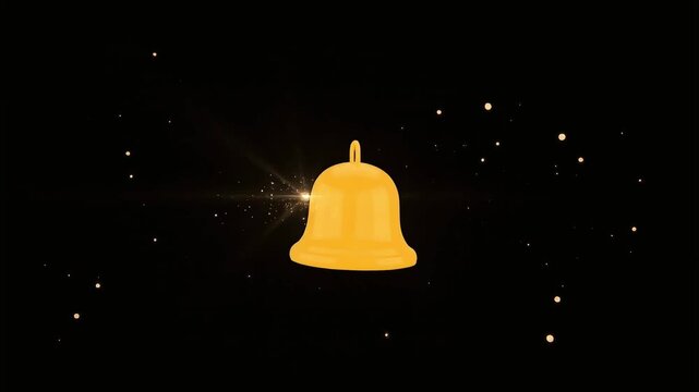 Golden notification bell icon animation with glowing sparkles moving against a simple dark background in this digital motion clip