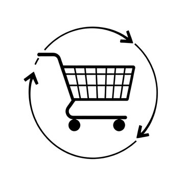 A simple minimalist black silhouette icon of a shopping cart with circular sync arrows, representing automated recurring financial purchases, ecommerce subscriptions, and dollar cost averaging.
