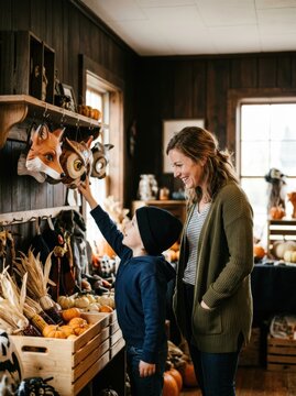 Candid moment of a child and mother choosing Halloween masks in a rustic boutique with pumpkins and ample copy space.