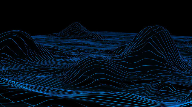 Futuristic Blue Wireframe Topographic Terrain Background with Digital Grid Lines