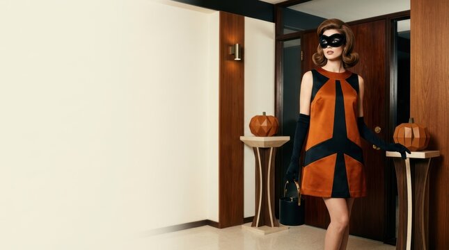 1960s Mod Fashion Halloween Campaign Featuring Woman in Silk A-line Dress and Masquerade Mask in Mid-Century Modern Interior with Ample Copy Space