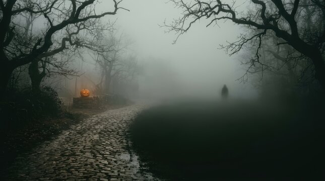 Spooky Halloween Background with Glowing Jack-O-Lantern and Mysterious Shadowy Figure in Foggy Autumn Woods with Wet Cobblestone Path
