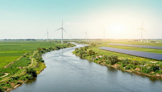 River curving through green fields with a wind farm and solar array from above