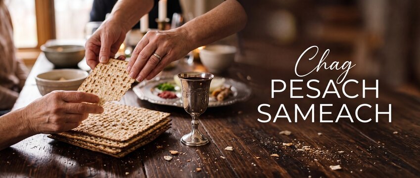 Passover Seder Matzo Bread Jewish holiday table setting with hands sharing unleavened bread and Kiddush cup for Chag Pesach Sameach celebration family gathering dinner traditional feast background