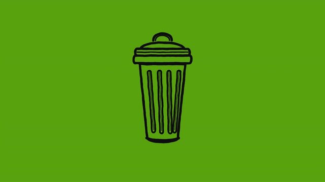 hand drawn trash can icon with lid doodle for waste management on green background