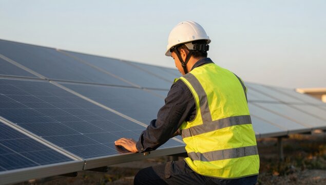 Solar technician in a hard hat and hi vis vest inspecting a panel row at golden hour