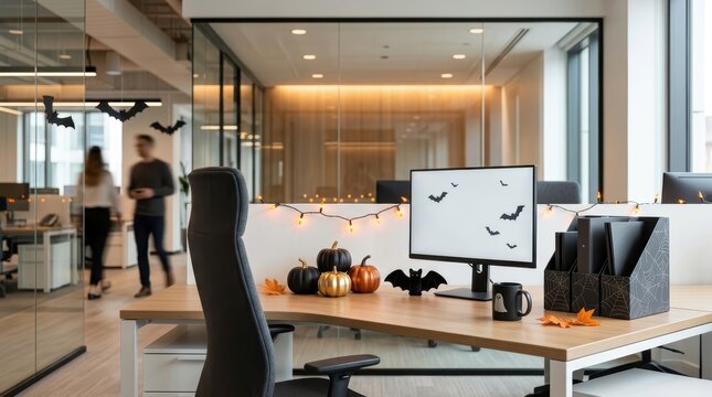 Modern Corporate Office Workspace Decorated with Elegant Halloween Pumpkins and Bats for Festive Employee Culture and Professional Seasonal Branding with Copy Space