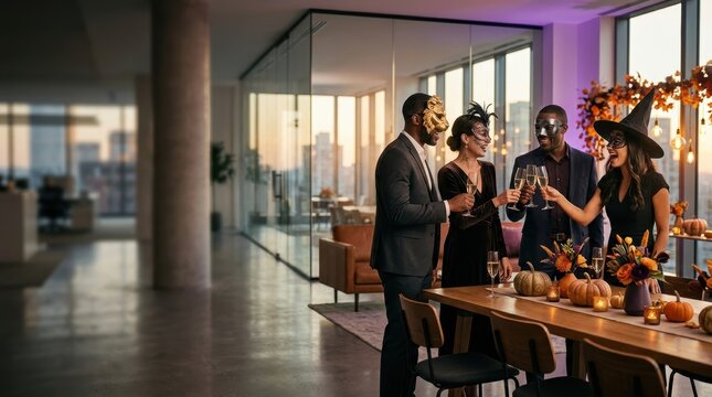 Diverse professionals celebrate corporate Halloween gala in modern office with festive decor and ample copy space