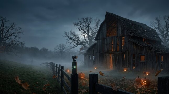 Cinematic haunted barn with glowing pumpkins and camera in misty autumn rural night landscape.