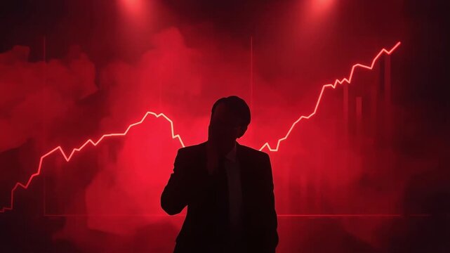 Businessman silhouette showing stress during market crash motion animation featuring a glowing red financial chart background with thick atmospheric smoke