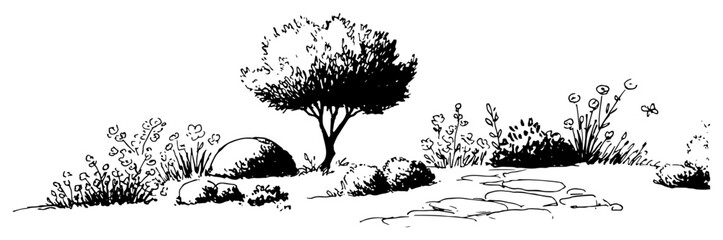 Obraz premium Garden landscape with stone pathway and ornamental tree in detailed sketch style
