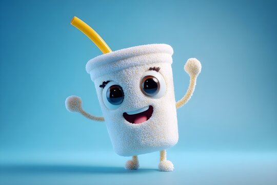 fuzzy smiling takeout cup character with yellow straw on blue