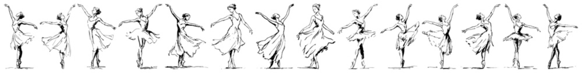 Ballerina dancers performing classical ballet poses in line art sketch style © Celestynka