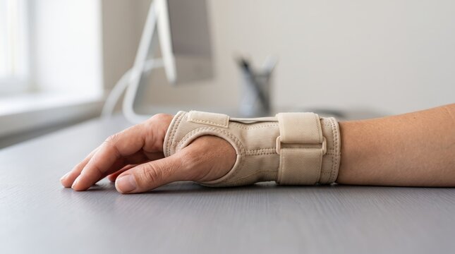 Close up of person wearing beige wrist brace support on desk, recovering from injury or carpal tunnel syndrome, medical rehabilitation and ergonomic health concept