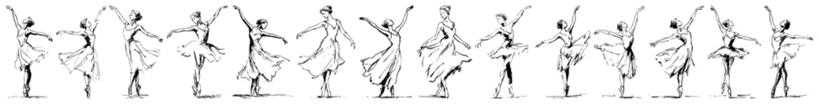 Ballerina dancers performing classical ballet poses in line art sketch style
