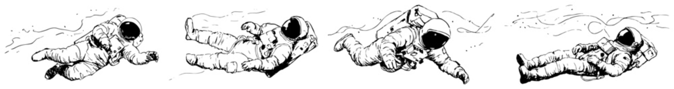 Astronauts floating in zero gravity space in black and white line art sketch style
