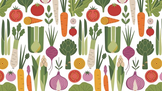 A vibrant pattern featuring fresh seasonal garden vegetables like carrots tomatoes beets and artichokes in a flat design style