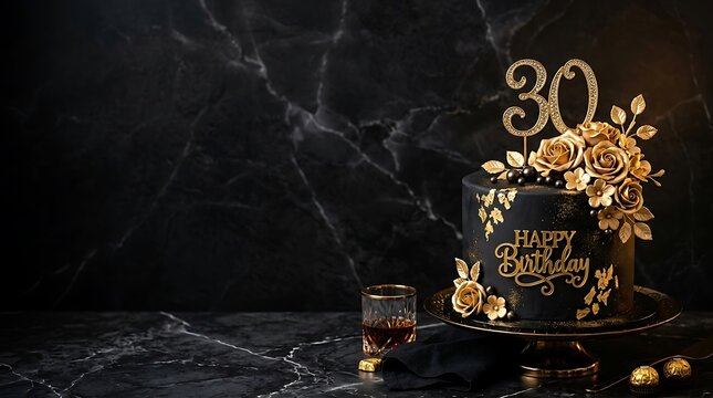 Elegant black birthday cake with gold decorations for a thirtieth celebration wishing a very happy birthday