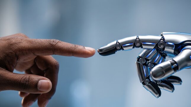 Human hand and robotic finger reaching out to touch, symbolizing artificial intelligence, future technology, innovation, digital connection, and human robot interaction