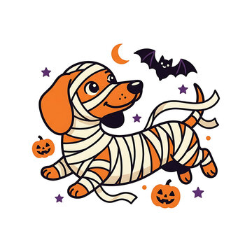 Dachshund dog dressed as a mummy for Halloween isolated on white background
