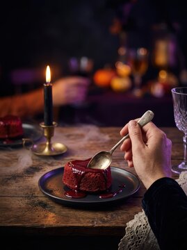 POV of a decadent heart-shaped red velvet lava cake with bleeding glaze on a rustic table during a spooky Halloween dinner, atmospheric cinematic lighting with copy space.