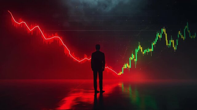 Businessman standing before a glowing digital stock market graph showing financial decline and recovery in this intense animation video clip