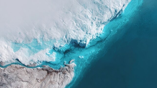 A dramatic aerial shot of a glacier's edge showing vivid meltwater rivers and lakes forming on its surface, indicating rapid retreat. 