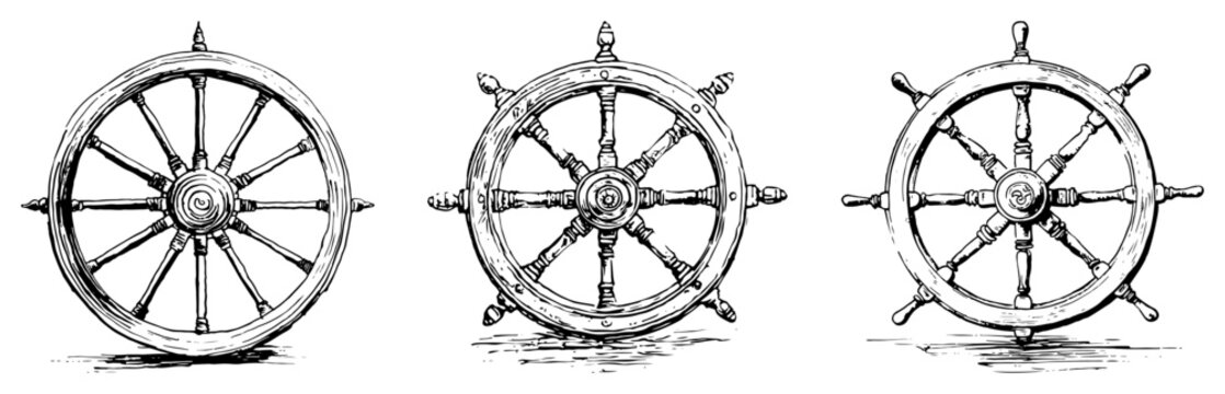 Wooden ship steering wheels collection for nautical navigation in line art sketch style