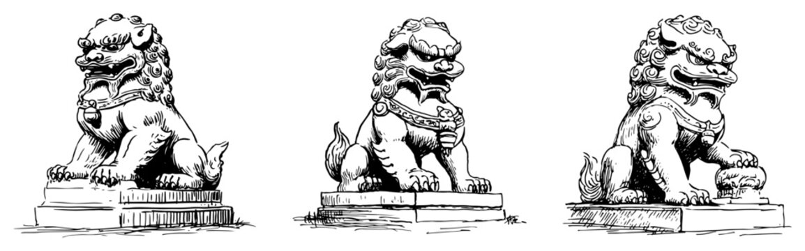 Chinese guardian lion statues foo dogs on stone plinth in vintage sketch style