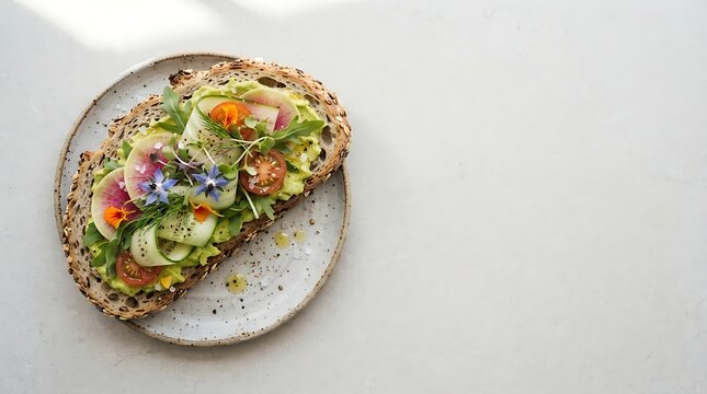 A delicious slice of toasted multigrain bread topped with smashed avocado fresh vegetables and colorful edible flowers on a ceramic plate