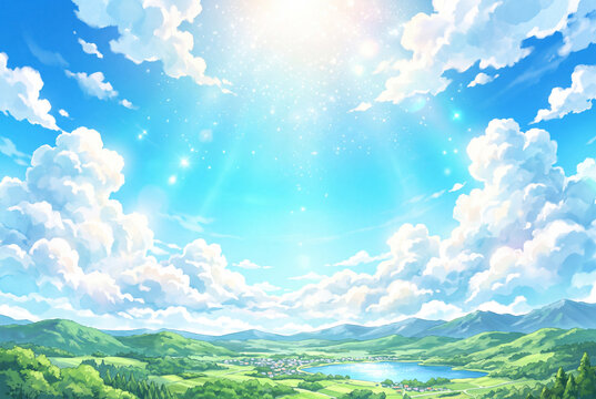 青空と白い雲が広がる緑の山と湖の爽やかな風景イラスト