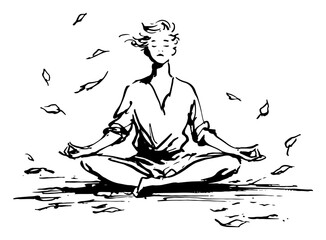 Person meditating in lotus yoga pose with swirling autumn leaves in line art sketch style © Celestynka