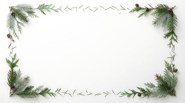 A festive square frame made of fresh green pine branches and pinecones on a clean white background for holiday greeting cards