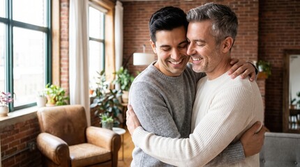 Fototapeta premium Two friends sharing a warm, joyful hug in a sunlit living room