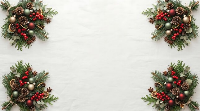 Festive christmas background with four corner arrangements of evergreen pine branches decorated with red and silver ornaments on white surface