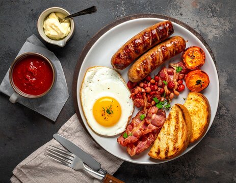 Full English breakfast overhead layout bright lighting