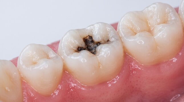 Molar with a carious cavity; black stains indicate damage to the enamel and dentin. Other teeth are clean and healthy. Medical photo, dental care concept, caries prevention, dentistry.