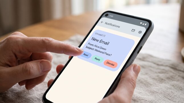 Person holding smartphone displaying new email notification with read reply dismiss options, modern mobile communication interface concept for digital lifestyle