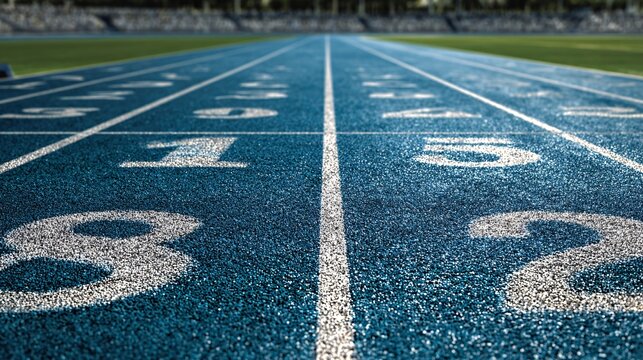 Blue running track with numbered lanes at an outdoor stadium during the daytime with low angle view