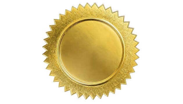 Gold embossed seal with circular center and serrated sunburst edge, metallic texture with reflective highlights, shiny appearance symbolizing authenticity and achievement, decorative element 
