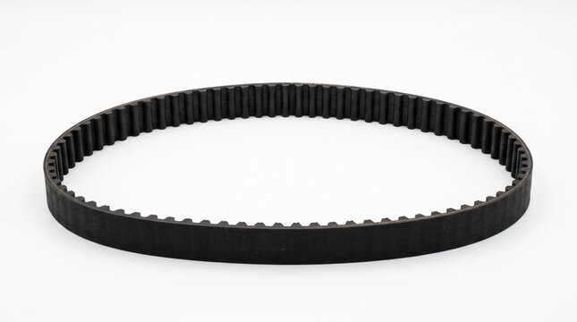Black rubber automotive engine timing belt formed in a oval loop isolated on white background